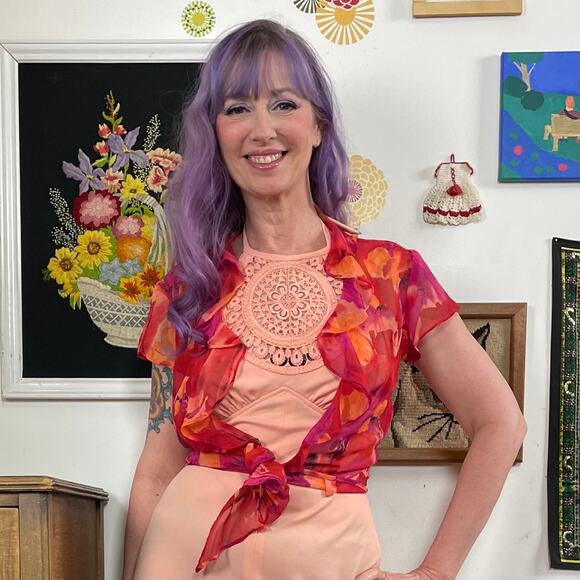 Vintage Chiffon Bolero Top, 1990s Cache Fuchsia Floral Short Sleeve Jacket Sz S - Picture 1 of 10